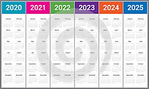 Year 2020 2021 2022 2023 2024 2025 calendar vector design template