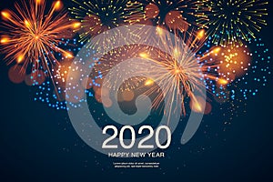 The year 2020 displayed with fireworks and strobes. New year and holidays concept