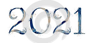 Year 2021 blue number design with gold decor watercolor new year