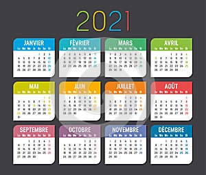Year 2021 calendar in French