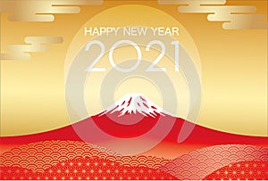 The Year 2021 New Yearâ€™s Greeting Card Vector Template With Red Mt. Fuji And The Rising Sun.
