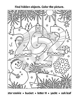 Year 2022 hidden objects, or seek and find, picture puzzle and coloring page activity sheet