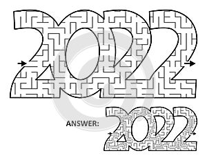 Year 2022 maze game or labyrinth clipart. Answer included.