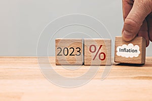 Year 2023 business and financial concept. Percentage symbol, rising inflation, economic analysis, interest rates, stock and bond