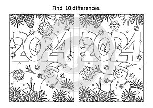 Year 2024 difference game and coloring page