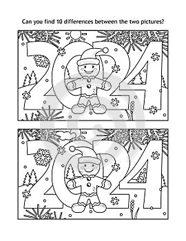 Year 2024 difference game and coloring page