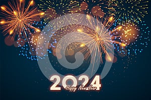 Year 2024 displayed with fireworks. 2024 Happy New Year, year of the Dragon. Design template Celebration typography poster, banner