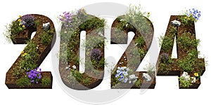 Year 2024, made from a flower meadow, on a white background