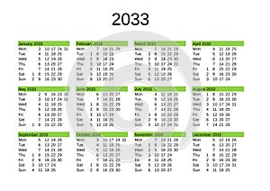 year 2033 calendar in English