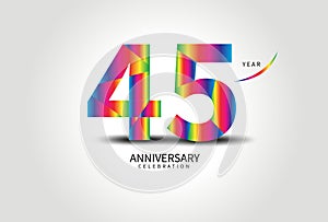 45 Year Anniversary Celebration Logo colorful vector, 45 Number Design, 45th Birthday Logo, Logotype Number, Vector Anniversary