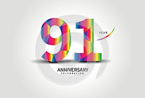 91 Year Anniversary Celebration Logo colorful vector, 91 Number Design, 91th Birthday Logo, Logotype Number, Vector Anniversary photo