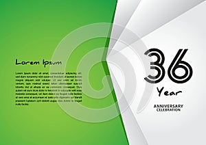 36 year anniversary celebration logotype on green background for poster, banner, leaflet, flyer, brochure, web, invitations or