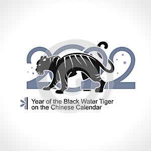 Year of the black water tiger 2022 on the Chinese Calendar. New Year greeting template. 2022 calligraphy and tiger.