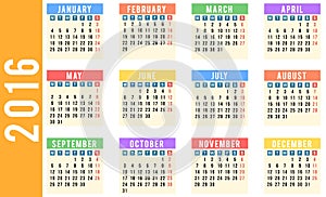 Year 2016 calendar