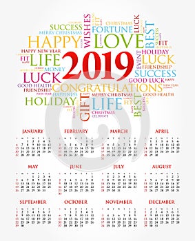 2019 year calendar, greeting word cloud collage