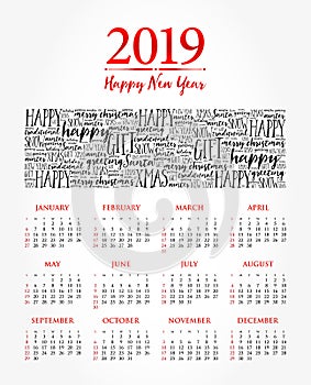 2019 year calendar, Happy New Year