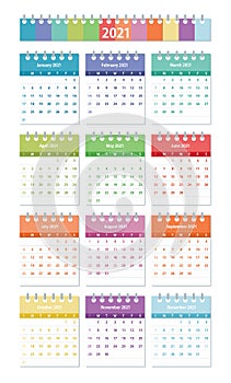 2021 year Calendar Leaves Flat Set. Colorful set. Colorful set. Monthly calendar design template photo