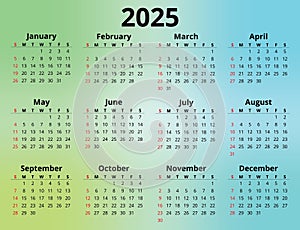 2025 year calendar. Modern vector template illustration gradient background
