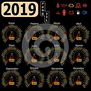 2019kalendář rychloměr auto v španělština 