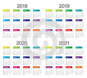 Year 2018 2019 2020 2021 calendar vector