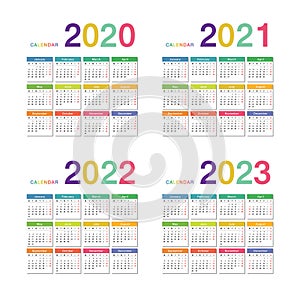 Year 2020 and Year 2021 and Year 2022 and Year 2023 calendar vector design template, simple and clean design for organization and