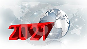 Year change 2021 - abstract 3D text illustration with red year digits - earth globe in front of world map background and rings