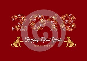 Year of The Dog, Chinese Zodiac Dog, Number 2018 made of snowflakes, Golden Dogs on a red background. Vector