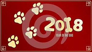 Year of the dog. Golden traces in grunge style. Numbers on a red background with a pattern. Chinese zodiac. The symbol of the year