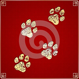 Year of the dog. Golden traces in grunge style on a red background with a pattern. Chinese New Year. Cover for the project