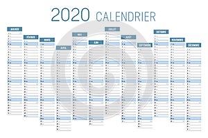 Year 2020 French unaligned calendar