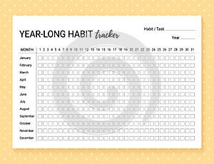Year-long habit layout. Habit diary template for year. Vector illustration