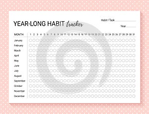 Year-long habit tracker template. Habit diary layout. Vector illustration