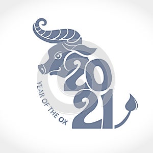 Year of the metal Ox in Chinese calendar. Vector template for New Year`s design in flat style.