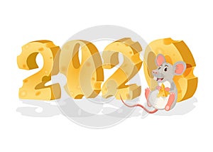 2020 year of mouse. Cute cartoon rat holds cheese.