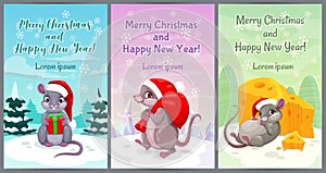 Year of the mouse. Cute Christmas greeting cards with cartoon mice.