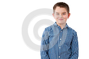 10 Year Old Boy with Mischievous Smile on White photo