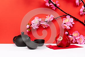 Year of Ox Piggy Bank, Sakura Cherry Blossom, Black Chinese Teapot and Red Envelope Angpow