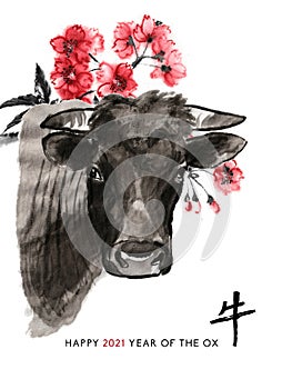 Year of the ox sumi-e greeting card