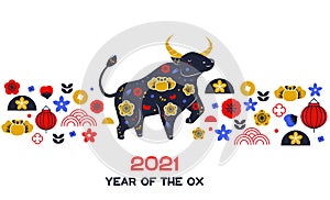 2021 year of ox zodiac. Chinese new year banner with bull, flowers, lanternas and other symbol. Border design for calendar and photo