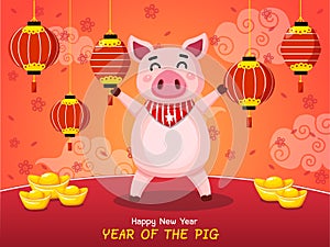 Year of the pig. Chinese New Year. Cute cartoon fat pig. Greeting card and calendar design. Vector illustration