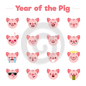 Year of the Pig flat cartoon character emoji emoticons set.Different type of funny mascot piglets symbols icons emojis