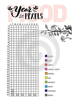 Year in pixels, your mood. Habit tracker blank with hand written cute numbers and lettering. Bullet journal template