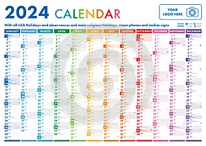 Year planner, 2024 calendar with monthly vertical grid in rainbow colors.