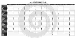 Year planning calendar for 2019 in English - Annual planner 2019, greyscale variant