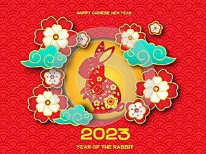 2023 year of rabbit. Colorful Chinese new year banner with decorated rabbit hare animal lunar symbol. Translation mean Happy New photo