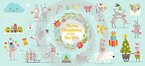 Year of the rabbit vector illustration. Set of cute rabbit cartoon characters. New year bunny and design elements.