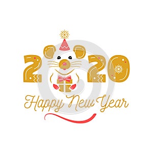 Year of the Rat 2020 Chinese Zodiac. Happy New Year greeting card. Cute rat and date 2020 year. Elegant vector