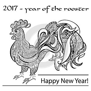 Year of the rooster. Black and white image a in the style zentangl. Coloring for adults.