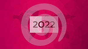 2022 year sign with World Map. Magenta gradient triangle pattern. Polygonal vector background web page, template, sample,