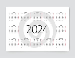 2024 year Spanish ÃÂalendar template. Simple pocket layout. Vector illustration photo